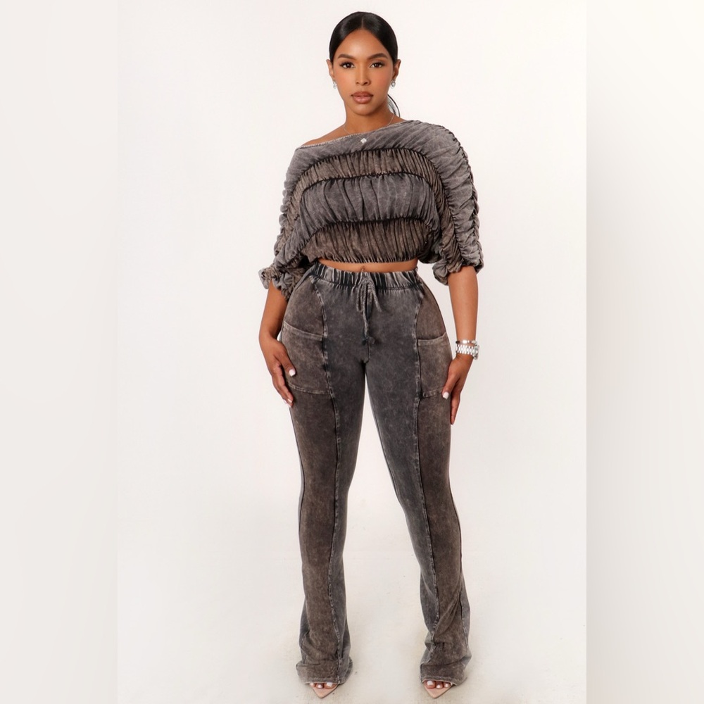 Gray Ruched Top and Pants Set